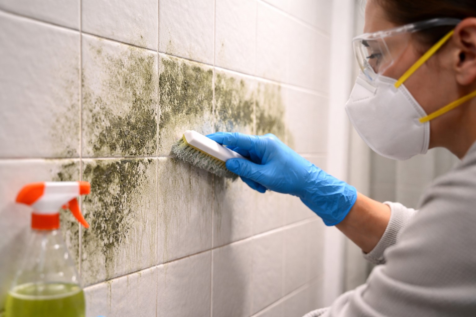 person wearing N95 mask and gloves preparing to clean mold from bathroom wall